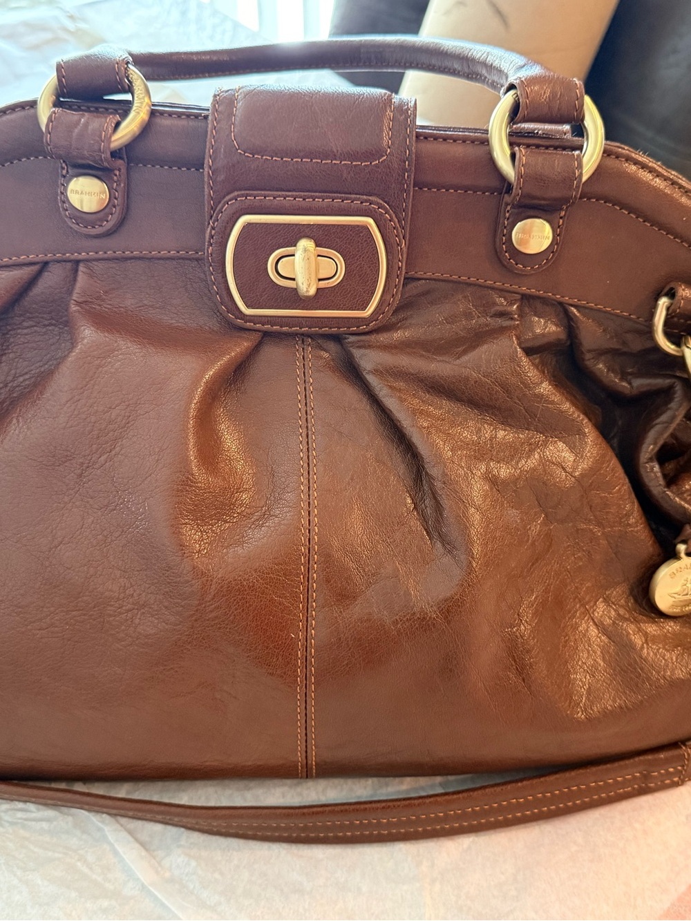 Brahmin Brown Leather Satchel with Gold Hardware